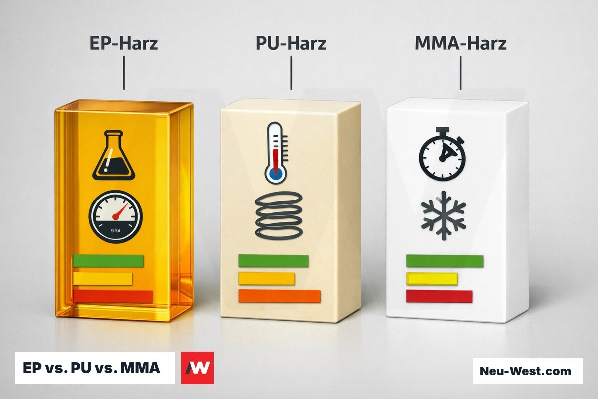 EP vs. PU vs. MMA: Beschichtungssysteme im Kennwert-Vergleich – Erklär-Grafik (NEUWEST Berlin)