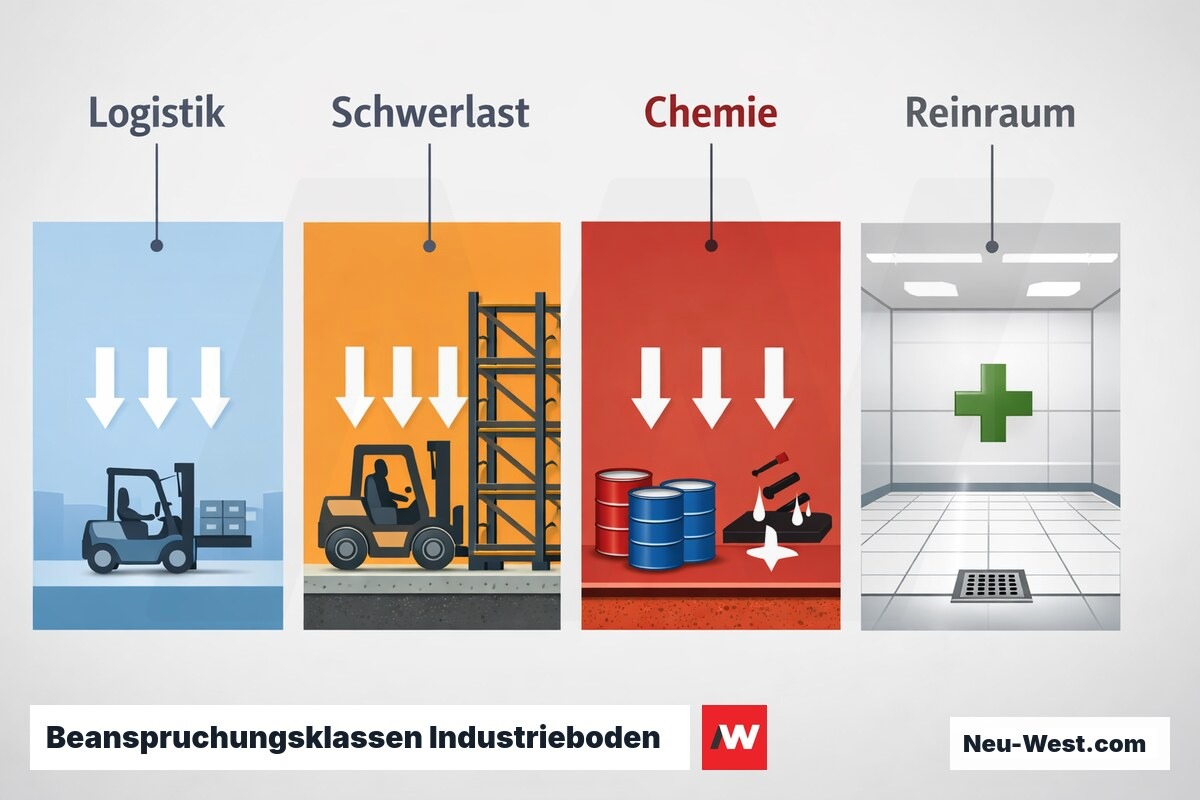 Beanspruchungsklassen Industrieboden: Anforderungsmatrix von Logistik bis Reinraum – Erklär-Grafik (NEUWEST Berlin)