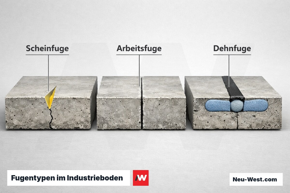 Fugentypen im Industrieboden: Scheinfuge, Arbeitsfuge, Dehnfuge im Vergleich – Erklär-Grafik (NEUWEST Berlin)