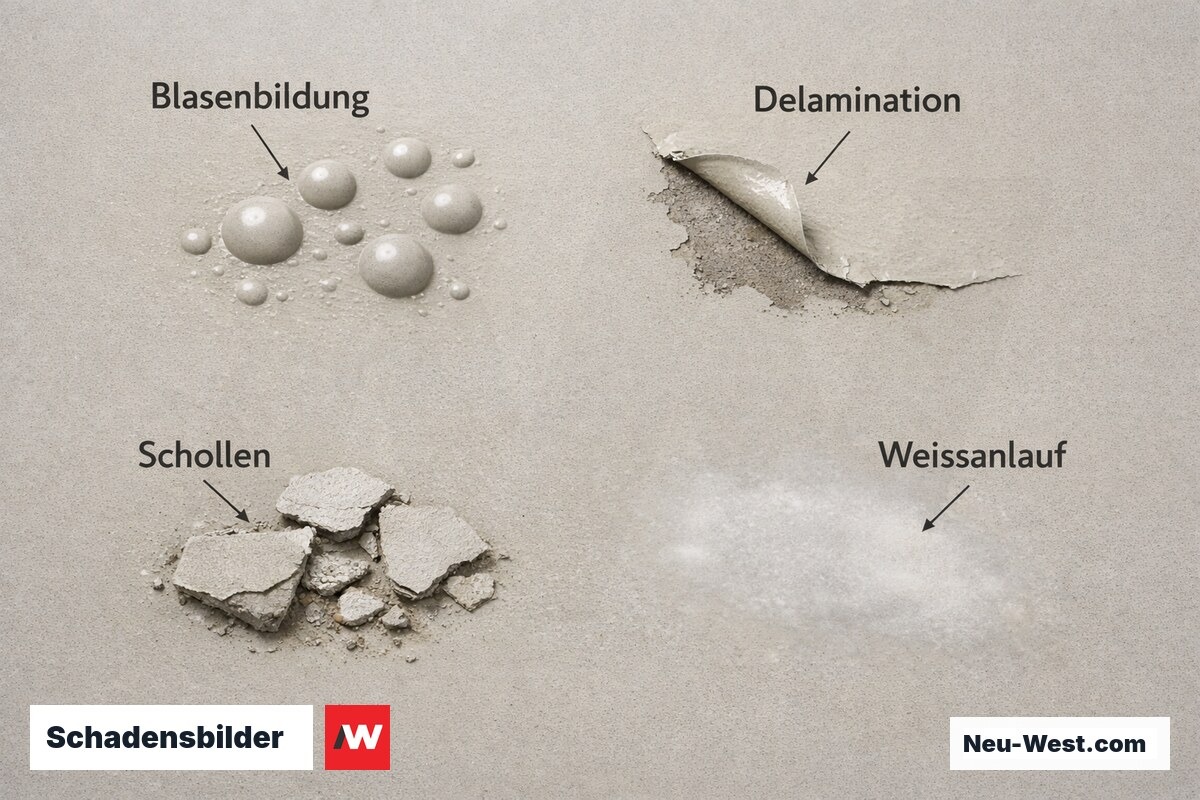 Schadensbilder an Industriebodenbeschichtungen: Primärursachen diagnostisch – Erklär-Grafik (NEUWEST Berlin)