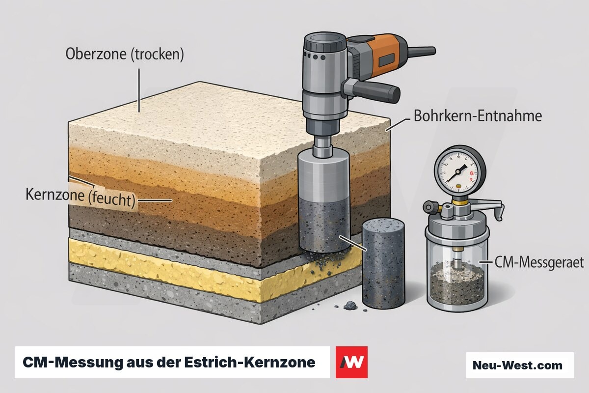 Querschnitt eines dicken Estrichs mit Feuchtegradient, Bohrkern-Entnahme aus der Kernzone und CM-Messgerät zur verlässlichen Feuchteprüfung.