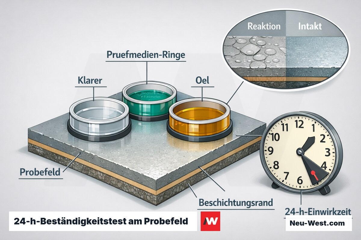 Erklär-Illustration eines 24-Stunden-Beständigkeitstests: Probefeld mit Beschichtung, drei Prüfmedien in Ringen und Einwirkzeit-Uhr.