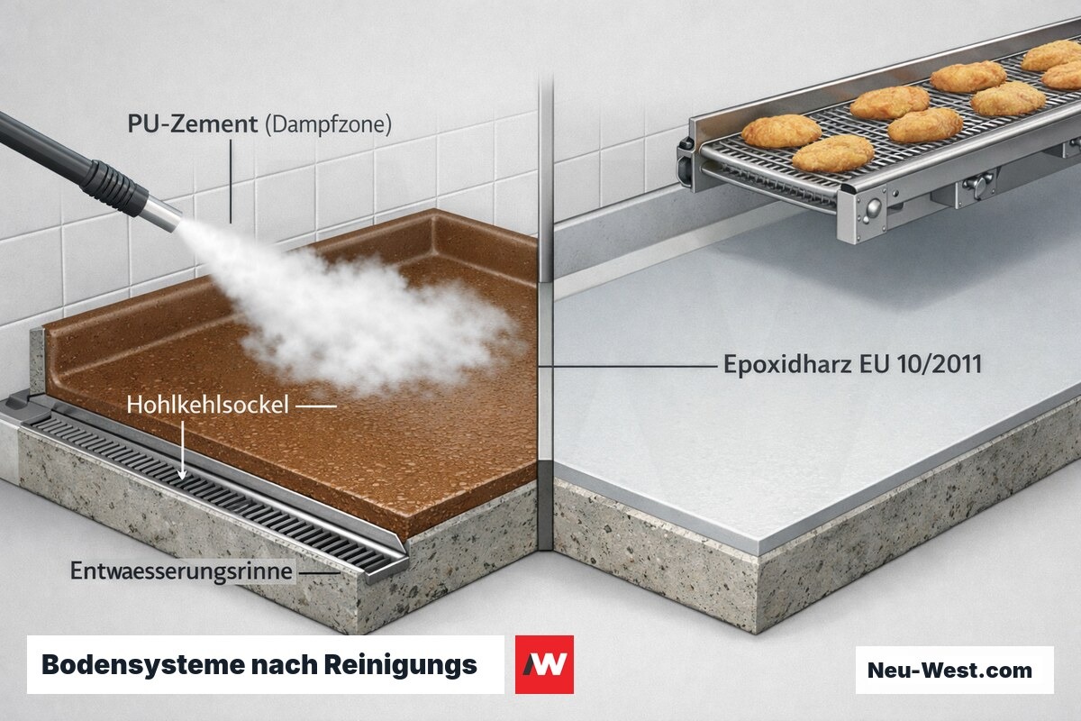 Querschnitt eines Lebensmittelbetrieb-Bodens: PU-Zement in der Heißdampfzone neben Epoxidharz unter offener Förderanlage, mit Hohlkehlsockel und Entwässerungsrinne.