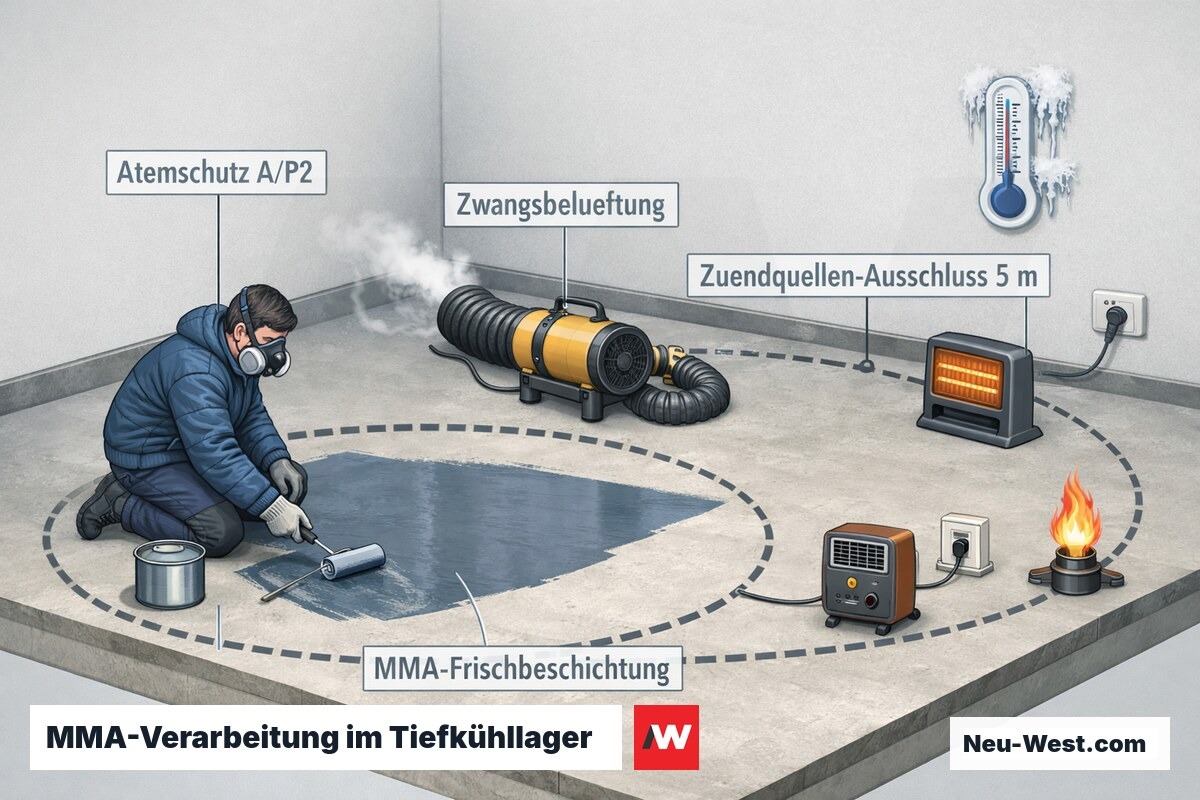 Cutaway eines Tiefkühllagers: Arbeiter mit Atemschutz trägt MMA-Beschichtung auf, Zwangsbelüftung und 5-m-Zündquellen-Sperrzone bei Frost.
