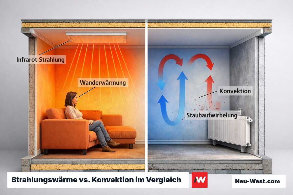 Raumquerschnitt zeigt links Infrarotpaneel mit direkter Oberflächenerwärmung, rechts Heizkörper mit Konvektionsströmung und kalter Außenwand