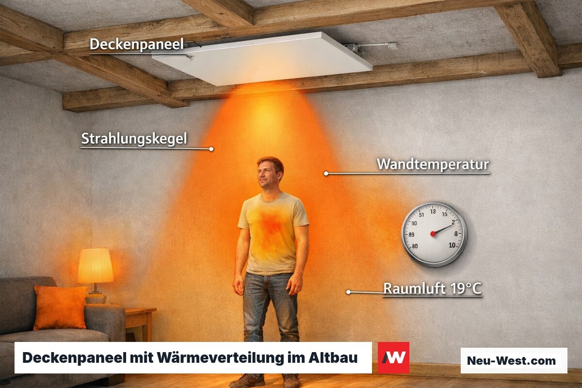 Infrarot-Deckenpaneel in Altbau-Raum mit visualisiertem Strahlungskegel und Temperaturverteilung auf Wänden und Personen