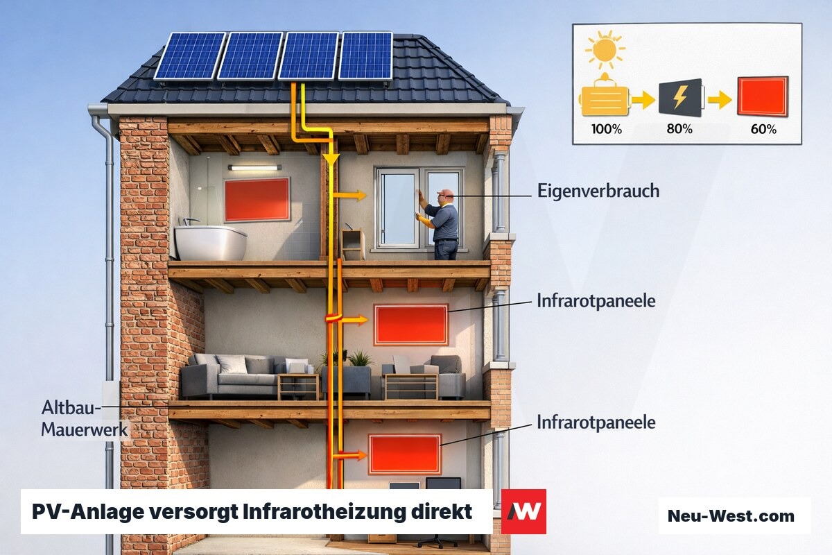 Altbau-Querschnitt zeigt Energiefluss von Dach-Photovoltaik zu Infrarotpaneelen in Bad, Wohnzimmer und Büro