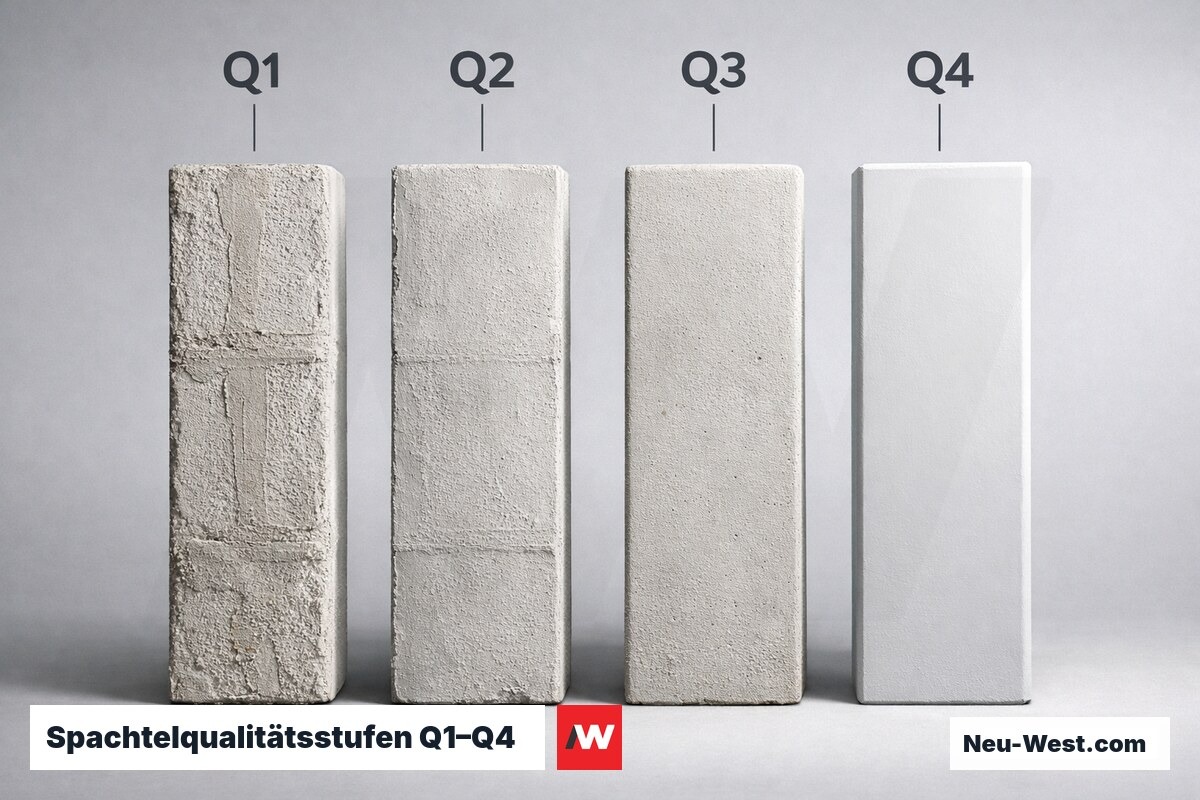 Spachtelqualitätsstufen Q1–Q4 nach BFS-Merkblatt Nr. 12 – Erklär-Grafik (NEUWEST Berlin)