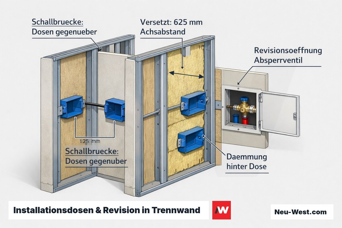 Querschnitt Schallschutz-Trennwand: gegenüberliegende vs. versetzte Installationsdosen und Revisionsöffnung für verstecktes Absperrventil.