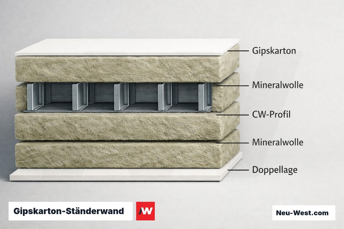 Gipskarton-Ständerwand: Schichtaufbau und Brandschutz REI 30–90 – Erklär-Grafik (NEUWEST Berlin)