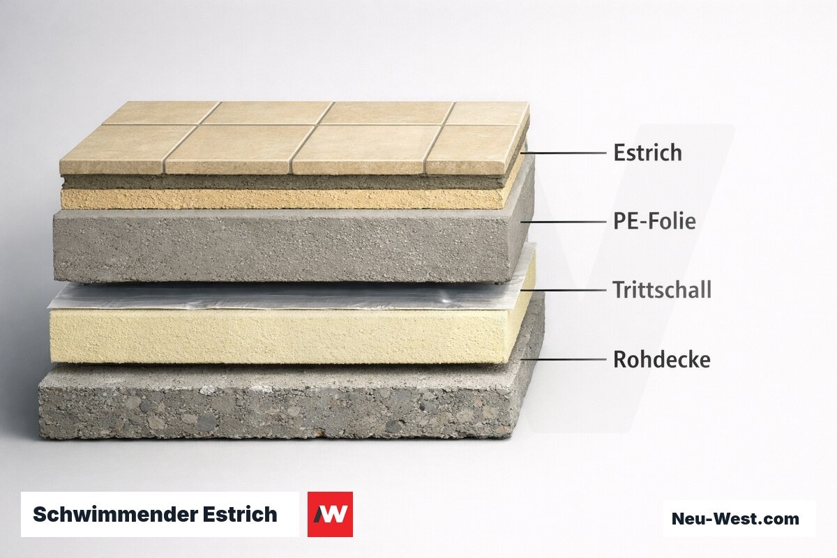 Schwimmender Estrich: Schichtenfolge und Ln,w-Einfluss je Lage – Erklär-Grafik (NEUWEST Berlin)