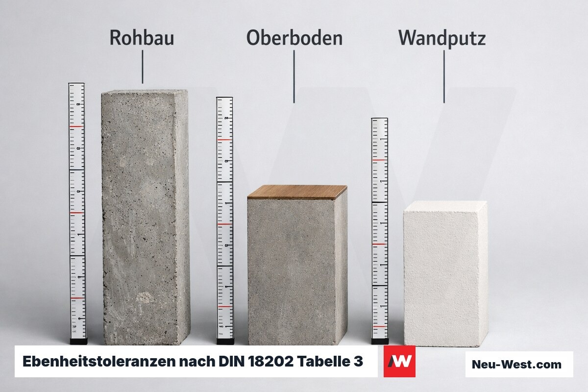 Ebenheitstoleranzen nach DIN 18202 Tabelle 3: Rohbau, Oberboden und Wandputz im Vergleich – Erklär-Grafik (NEUWEST Berlin)