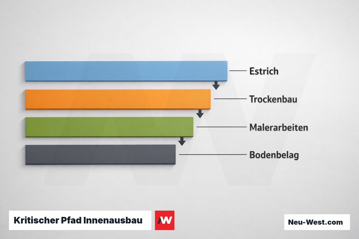 Kritischer Pfad Innenausbau: Gewerk-Abfolge und Sperr-Abhängigkeiten – Erklär-Grafik (NEUWEST Berlin)