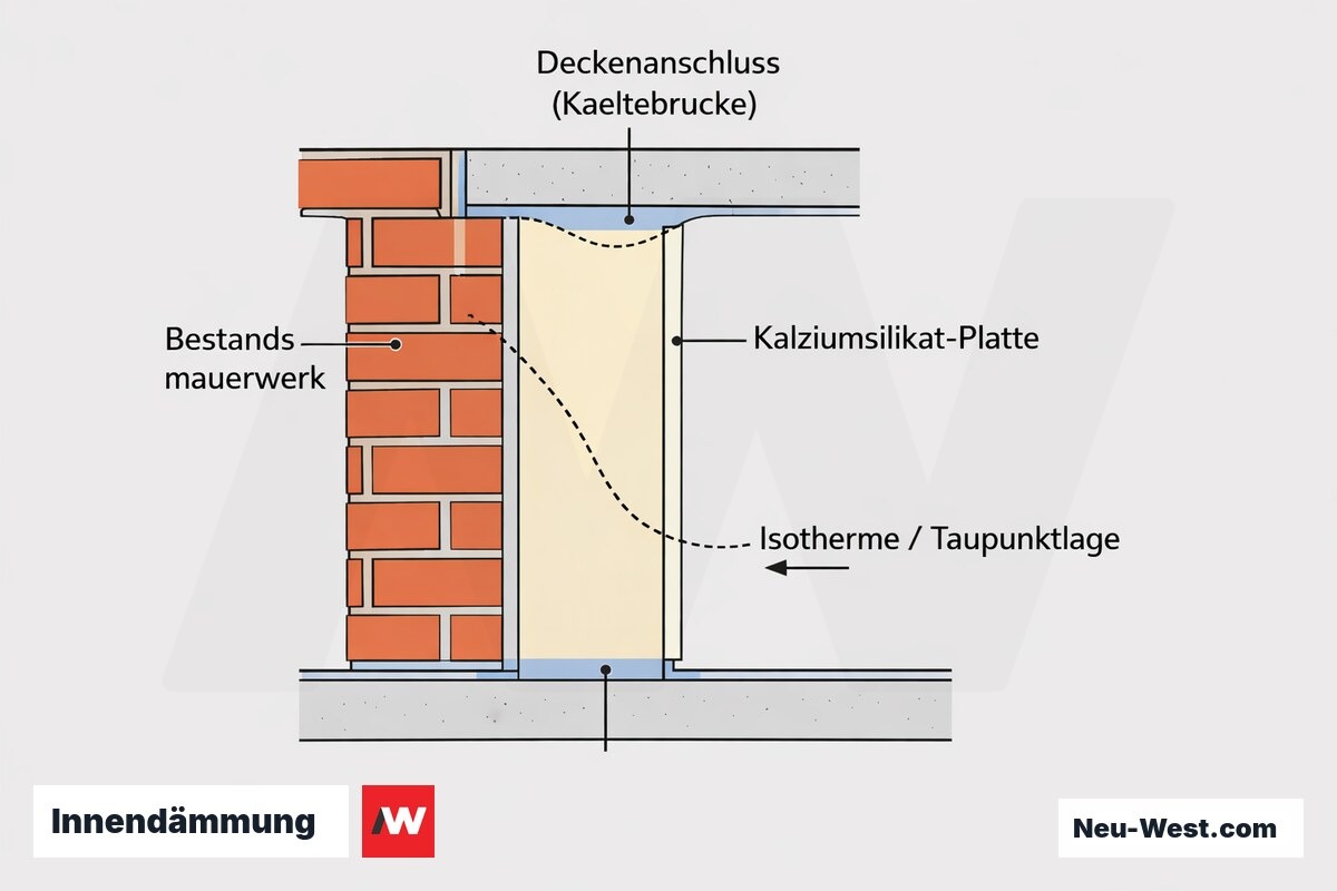 Wandquerschnitt mit kapillaraktiver Innendämmung; am Deckenanschluss endet die Dämmung und die Oberfläche kühlt unter den Taupunkt ab.
