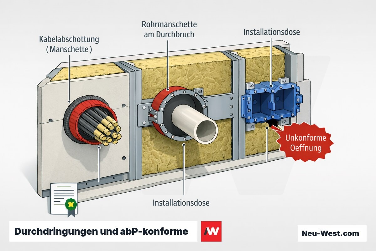 Erklär-Grafik einer Brandschutzwand im Schnitt mit Kabel- und Rohrabschottungen, Installationsdose und markierter unkonformer Durchdringung.