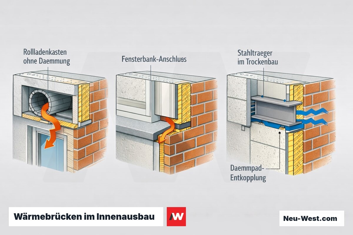 Erklär-Querschnitt kritischer Wärmebrücken im Innenausbau: Rollladenkasten, Fensterbank-Anschluss und Stahlträger im Trockenbau mit Dämmpad-Entkopplung.