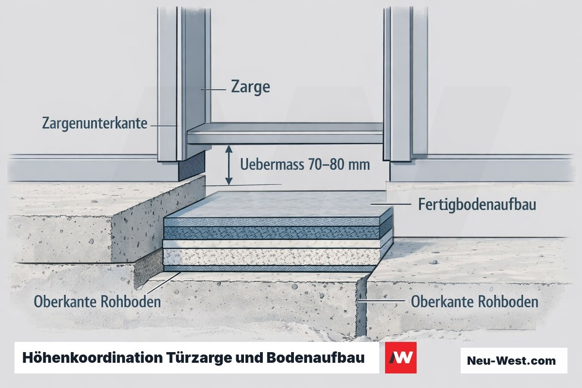 Bauquerschnitt einer Türzarge über dem Rohboden mit Übermaß und geplantem Fertigbodenaufbau zweier Räume