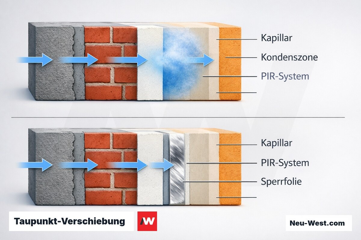 Taupunkt-Verschiebung: Kapillarsystem vs. Diffusionssperre – Erklär-Grafik (NEUWEST Berlin)