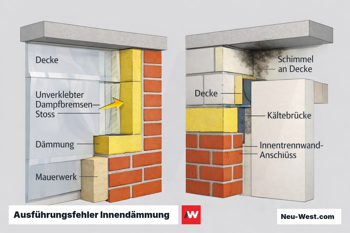 Querschnitt zeigt unverklebten Dampfbremsen-Stoß und Kältebrücke am Innentrennwandanschluss mit Schimmel an der Decke bei intakter Wandfläche.