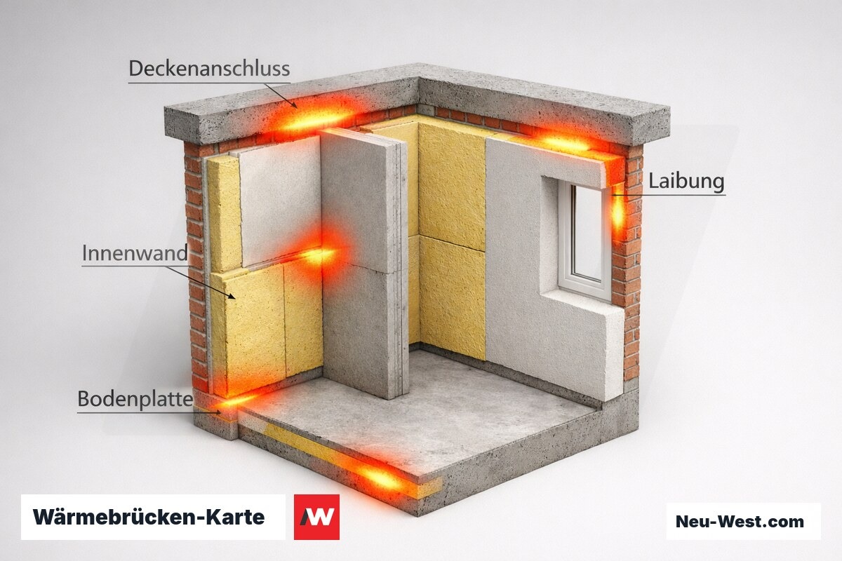 Wärmebrücken-Karte: Kritische Anschlusspunkte bei Innendämmung – Erklär-Grafik (NEUWEST Berlin)