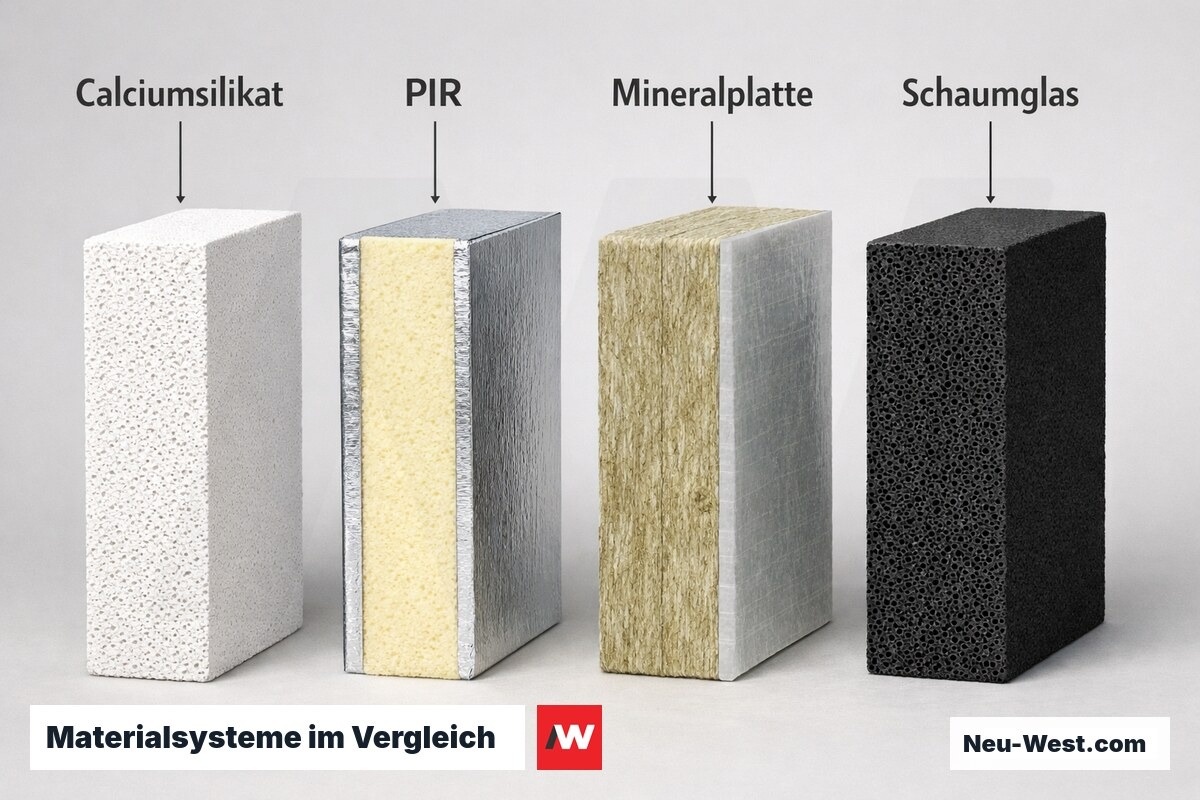 Materialsysteme im Vergleich: Kennwerte der Innendämmung – Erklär-Grafik (NEUWEST Berlin)
