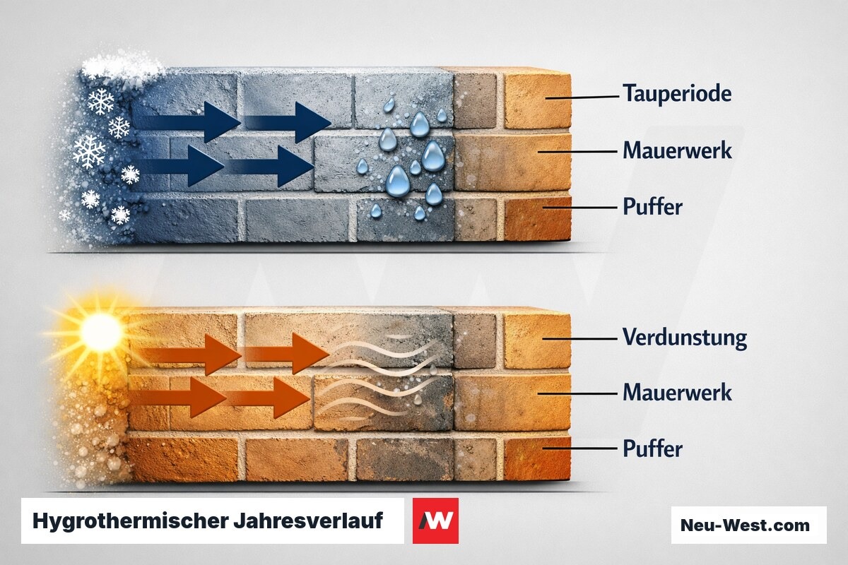 Hygrothermischer Jahresverlauf: Tauperiode und Verdunstungsperiode – Erklär-Grafik (NEUWEST Berlin)