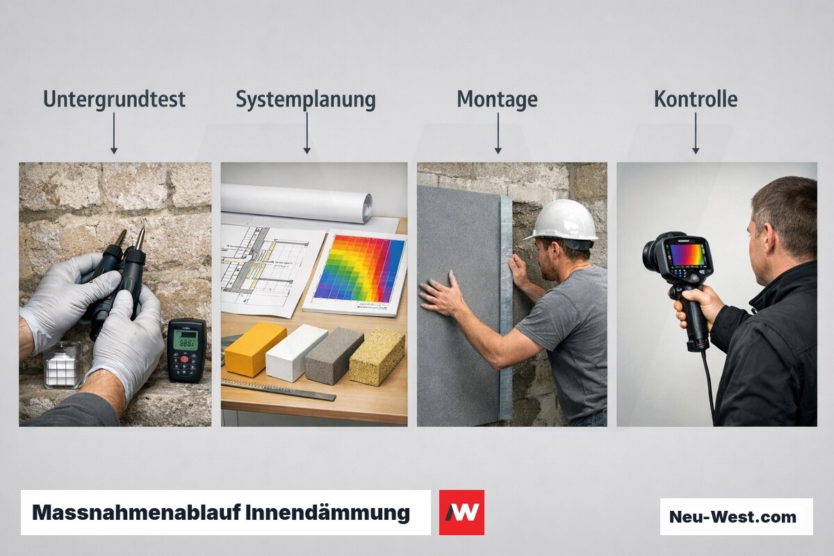 Massnahmenablauf Innendämmung: Untergrundprüfung bis Qualitätskontrolle – Erklär-Grafik (NEUWEST Berlin)