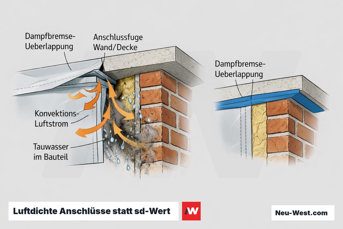 Cutaway einer Innendämmung: warme Raumluft strömt durch undichte Anschlussfuge und offene Folienüberlappung, Tauwasser bildet sich am kalten Mauerwerk.