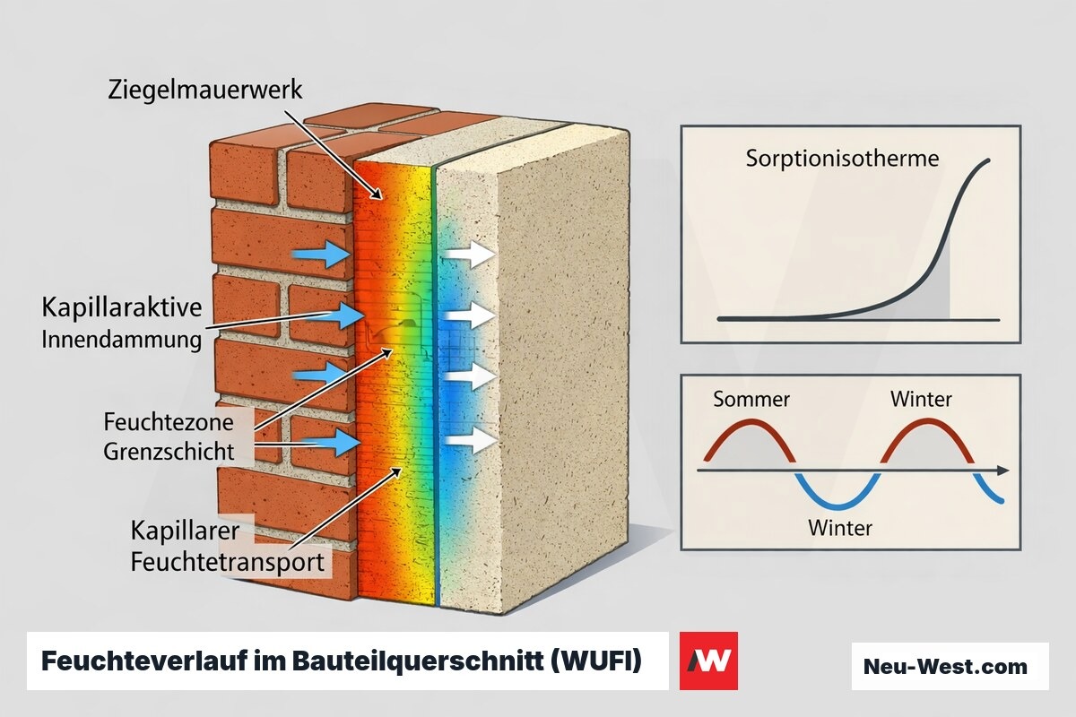 Querschnitt einer innengedämmten Ziegelwand mit farbigem Feuchtegradient, Sorptionskurve und Zeitachse zur hygrothermischen Simulation nach EN 15026.