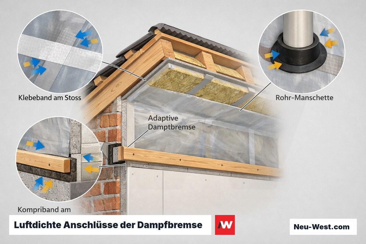 Bauteil-Schnitt: adaptive Dampfbremse im Dachaufbau mit luftdichten Details an Stoß, Rohrdurchdringung und Wandanschluss.