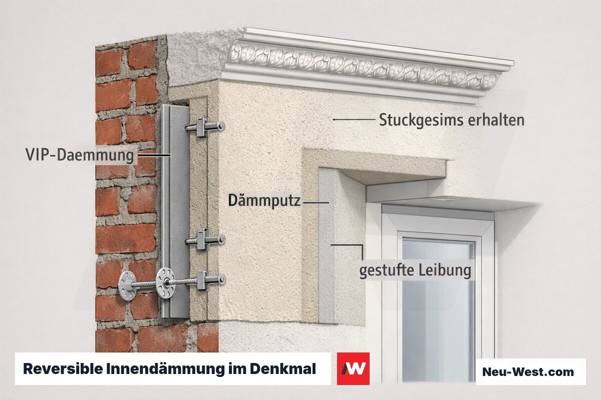 Querschnitt-Detail einer reversiblen Innendämmung im Denkmal mit VIP, Dämmputz, gestufter Leibung und erhaltenem Stuckgesims.