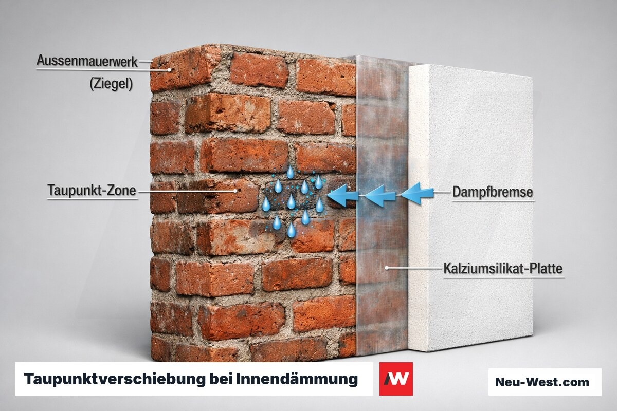 Wandquerschnitt Gründerzeitbau mit Innendämmung zeigt Taupunktzone im Mauerwerk und Feuchtetransport von innen nach außen.