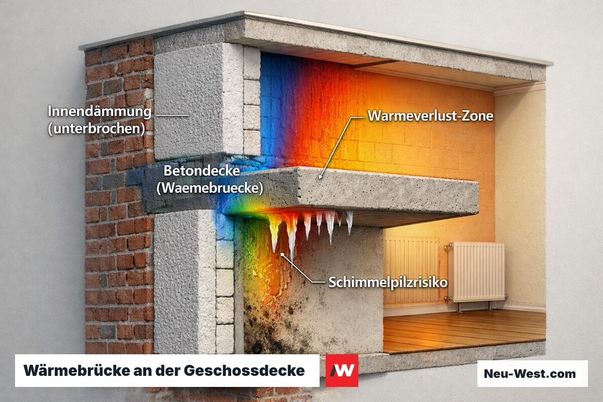 Gebäudeausschnitt zeigt Wärmebrücke an einbindender Betondecke mit Infrarot-Wärmeverlustdarstellung bei Innendämmung.