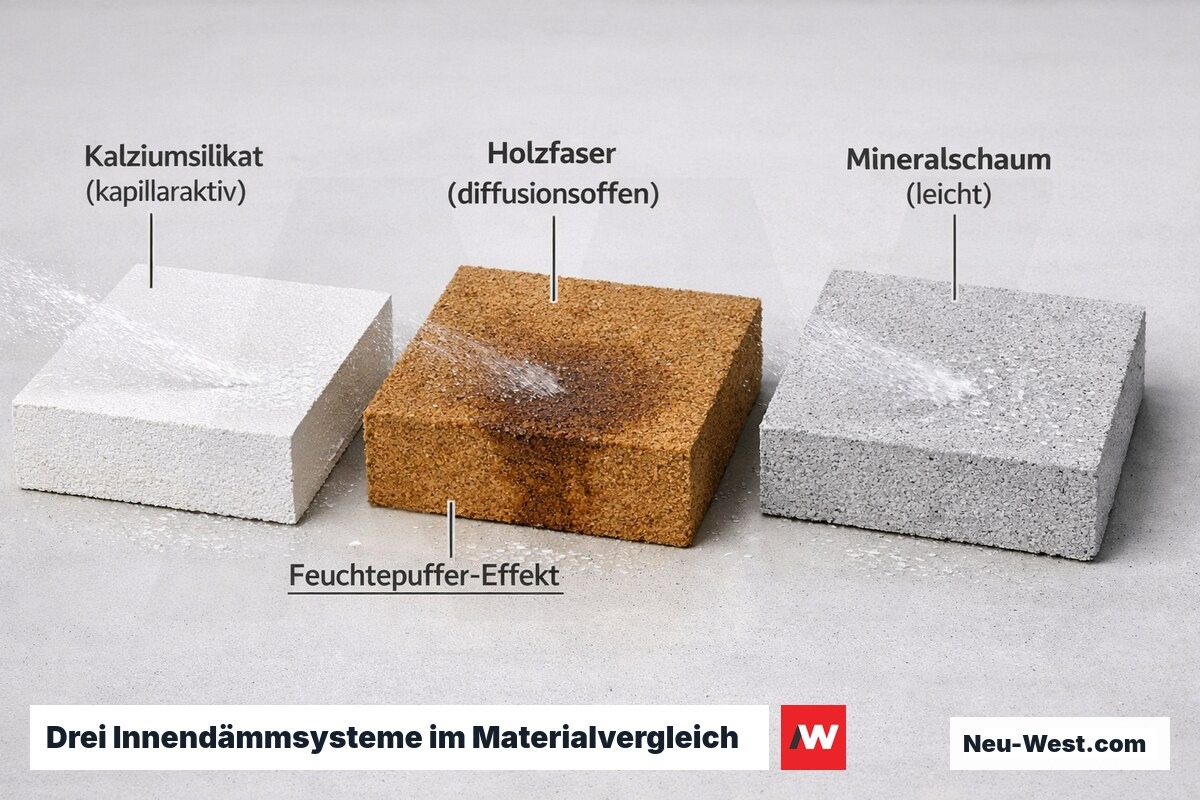 Drei Innendämmplatten nebeneinander: Kalziumsilikat, Holzfaser und Mineralschaum mit sichtbarem Feuchteaufnahmeverhalten im Vergleich.