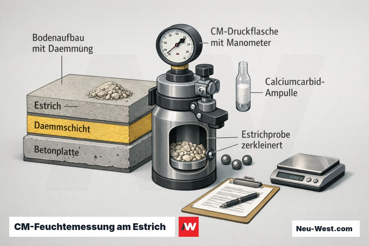 Querschnitt einer CM-Feuchtemessung: Druckflasche mit Manometer, Calciumcarbid-Ampulle und zerkleinerte Estrichprobe auf geschichtetem Bodenaufbau.