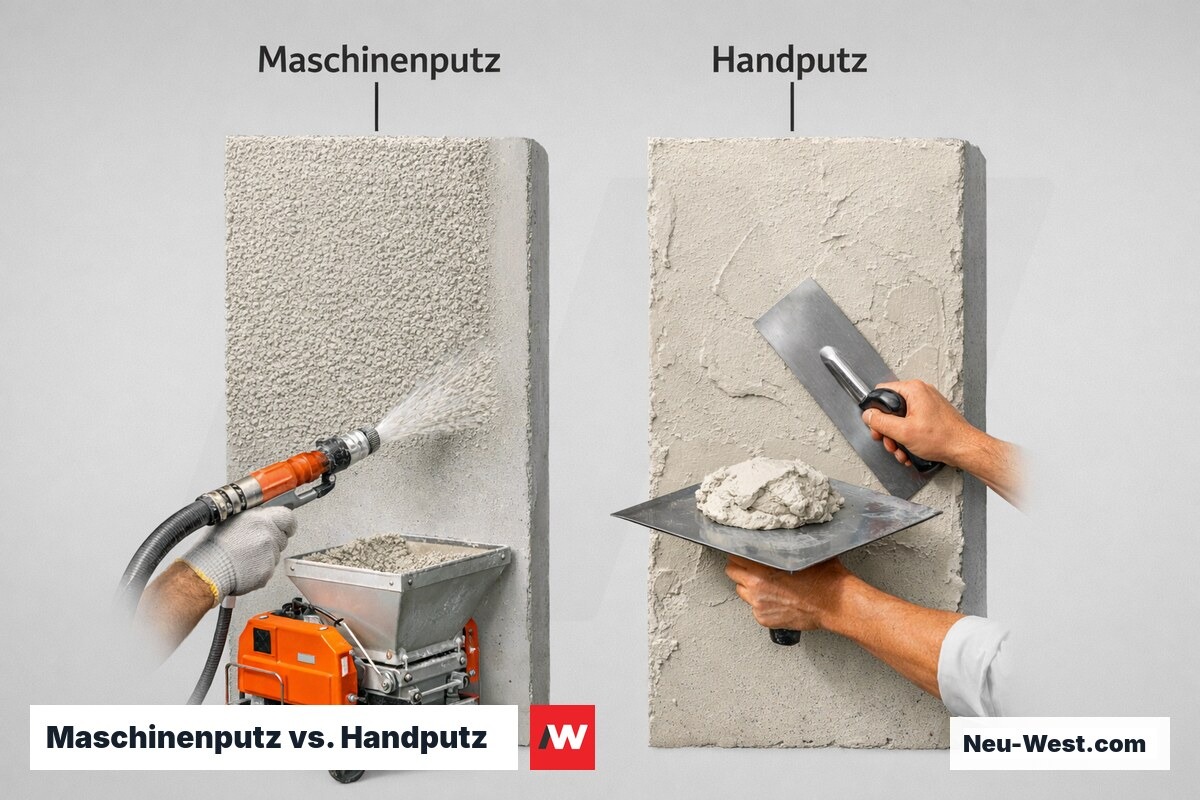 Maschinenputz vs. Handputz: Einsatzgrenzen und Wirtschaftlichkeit – Erklär-Grafik (NEUWEST Berlin)