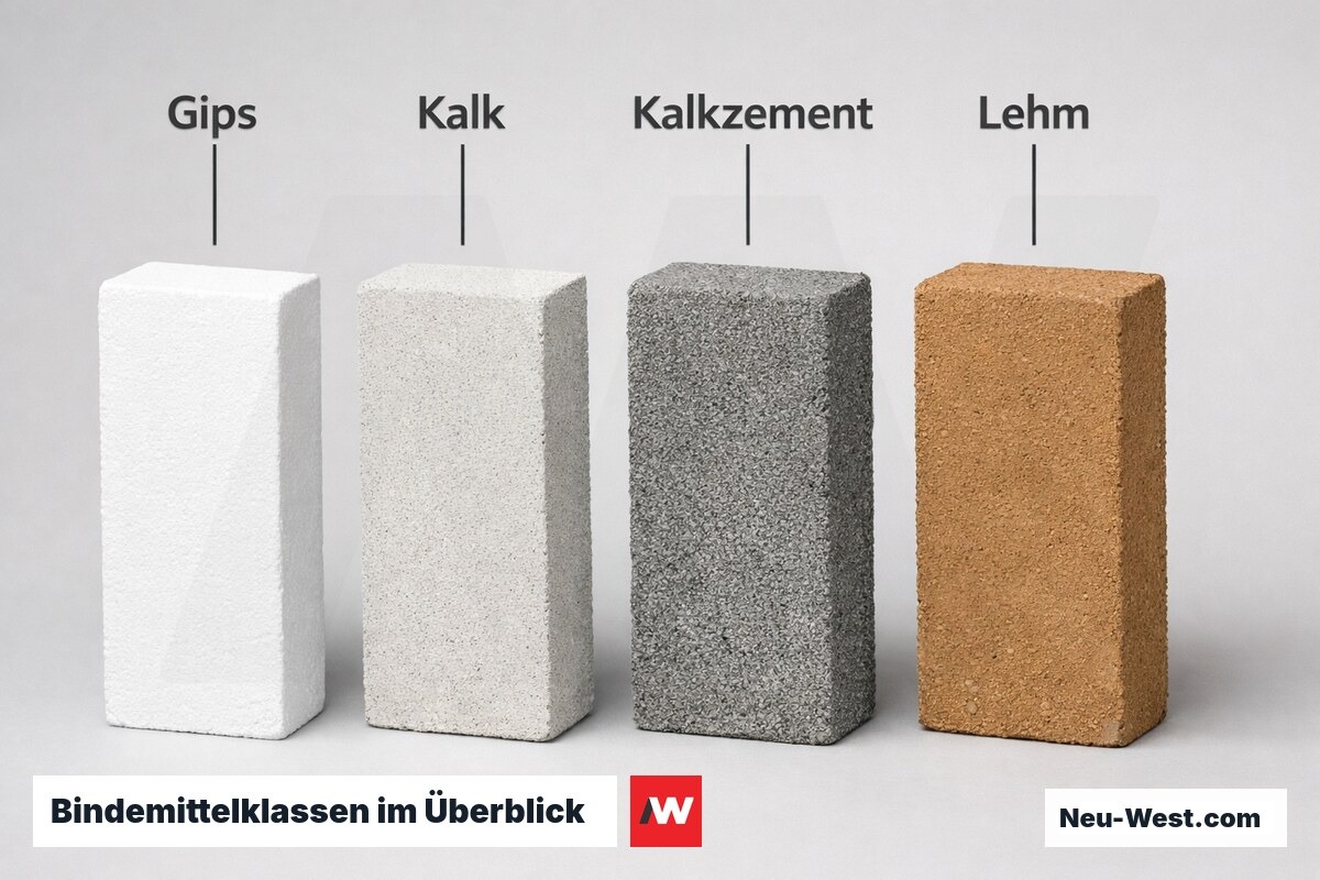 Bindemittelklassen im Überblick: Gips, Kalk, Kalkzement, Lehm – Erklär-Grafik (NEUWEST Berlin)