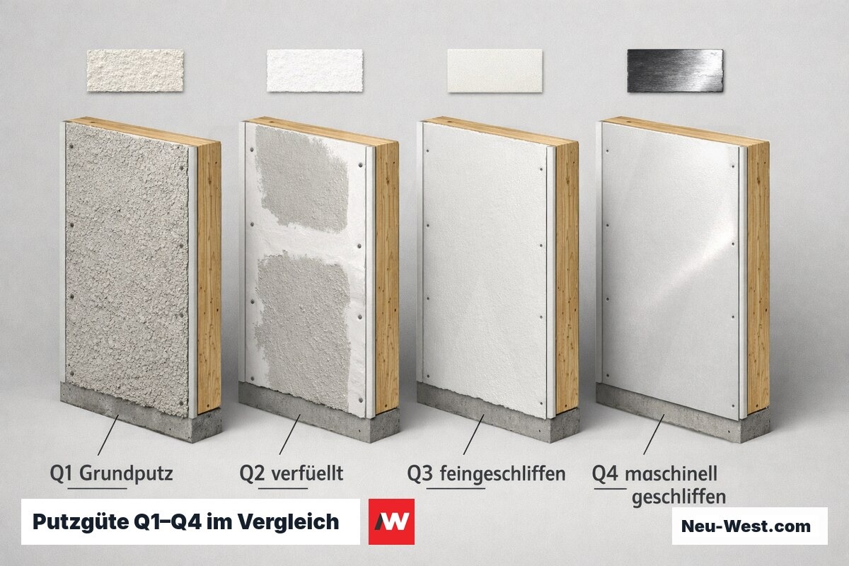 Vergleichsgrafik der vier Putzgütestufen Q1 bis Q4 mit zugehörigen Anstrich- und Tapetenqualitäten unter streifendem Licht.