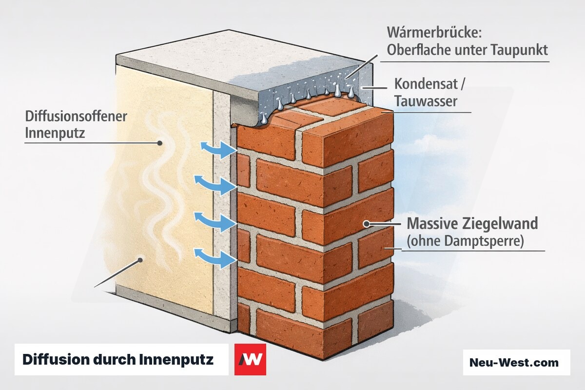 Wandquerschnitt Altbau: diffusionsoffener Innenputz auf massiver Ziegelwand, Feuchtediffusion nach außen und Kondensat an Wärmebrücke unter dem Taupunkt.