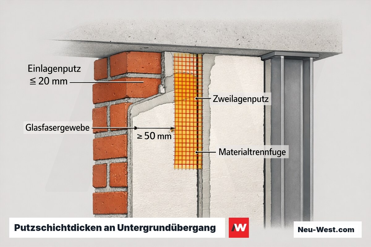 Querschnitt einer Wandecke: Einlagen- und Zweilagenputz mit Glasfasergewebe über der Materialtrennfuge zwischen Mauerwerk, Beton und Stahlstütze.