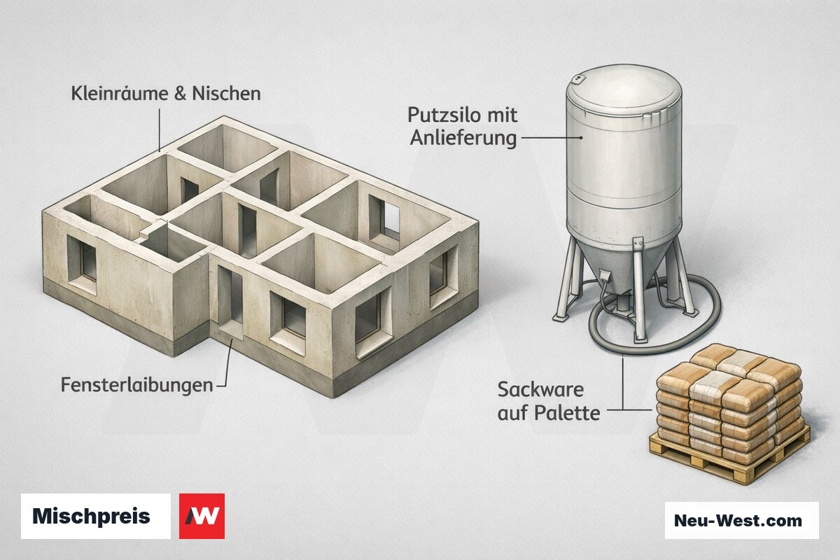 Erklär-Grafik: Grundriss mit vielen Kleinräumen, Nischen und Laibungen sowie Putzsilo mit Anlieferung neben Sackware auf Palette.