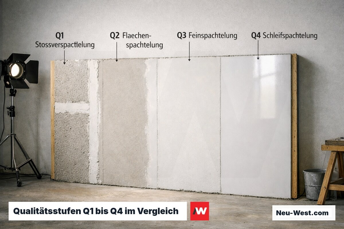 Querschnitt einer Innenwand mit vier nebeneinander liegenden Oberflächenabschnitten von Q1 bis Q4, beleuchtet mit Streifenlicht.