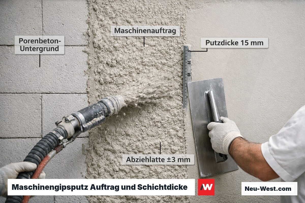 Stuckateur trägt Maschinengipsputz auf Porenbeton auf, mit eingesteckter Dicken-Messlehre im Nassputz.