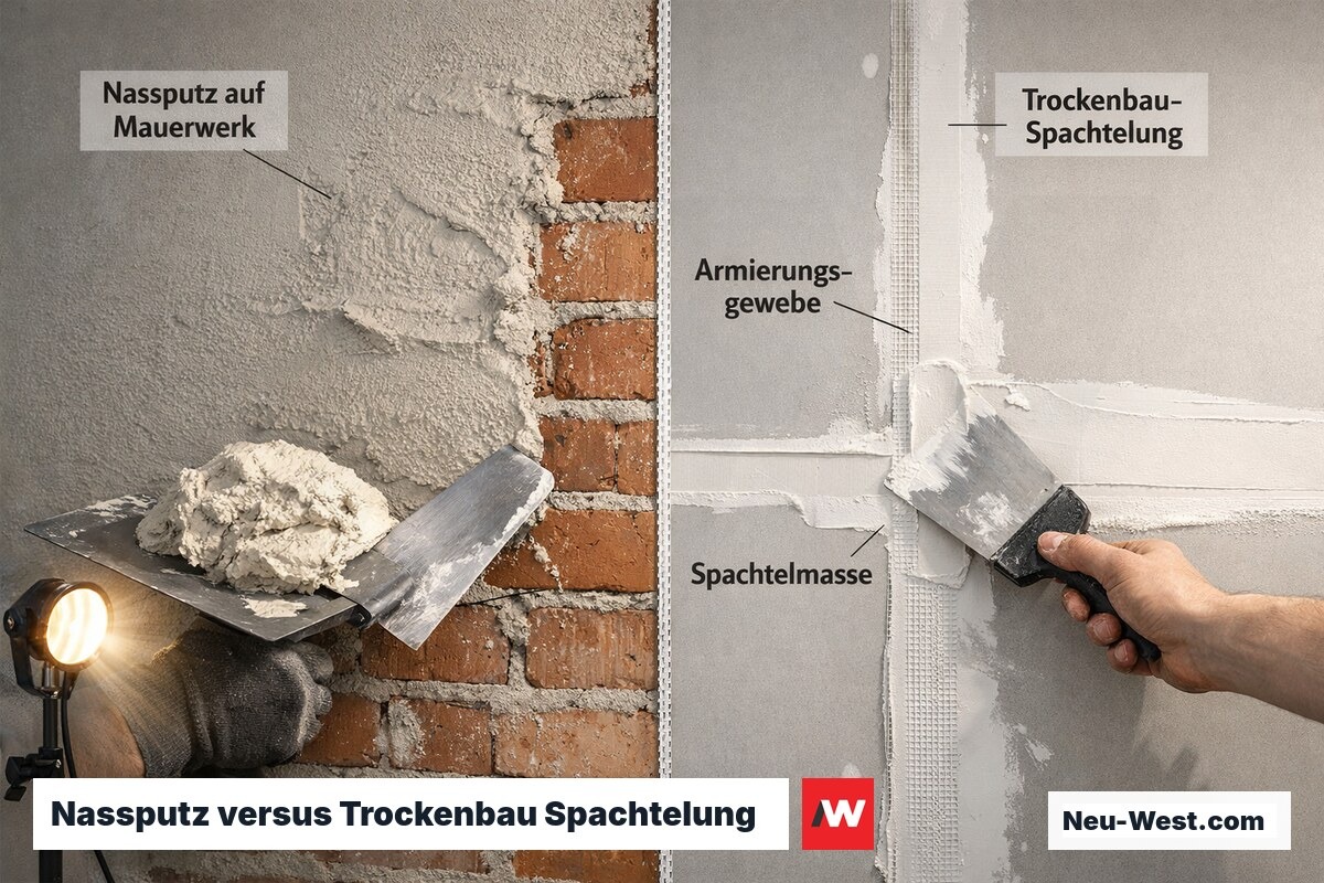 Vergleichsszene: links Nassputz auf Ziegelmauerwerk, rechts Gipskarton-Verspachtelung mit Gewebe, Streifenlicht betont Unterschiede.