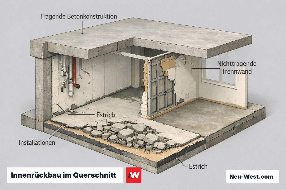 Querschnitt einer Wohnung beim Innenrückbau: tragende Betonstruktur bleibt, Trennwand, Estrich und Installationen werden entfernt.