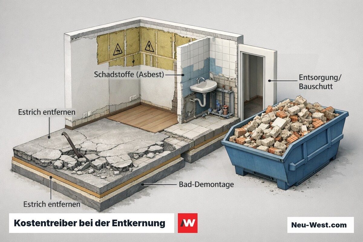 Querschnitt eines Raums bei der Entkernung mit Estrich, Schadstoffen, Bad-Demontage und Bauschutt-Container als Kostentreiber.