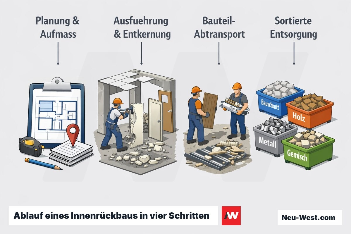 Prozessdiagramm des Innenrückbaus: Planung mit Aufmaß, Entkernung von Trennwänden und Decken, Abtransport der Bauteile und sortierte Entsorgung in getrennten Containern.