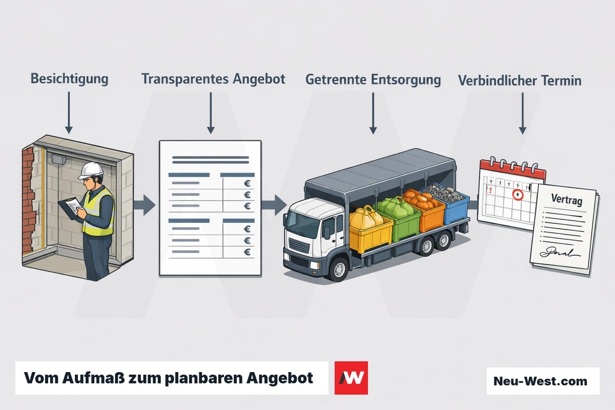 Prozess-Sequenz: Besichtigung, transparentes Angebot mit getrennter Kostenaufstellung, fachgerechte Fraktionsentsorgung und verbindliche Terminzusage.