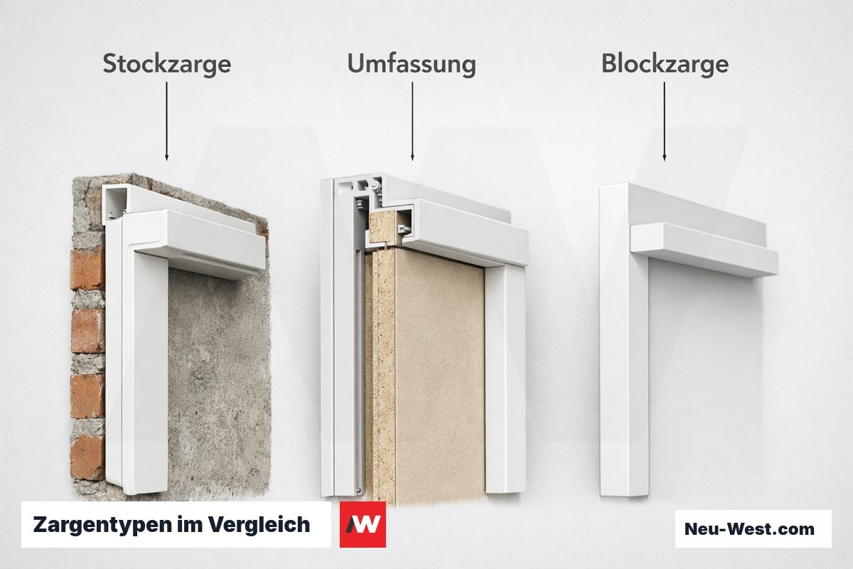 Zargentypen im Vergleich: Stockzarge, Umfassungszarge, Blockzarge – Erklär-Grafik (NEUWEST Berlin)
