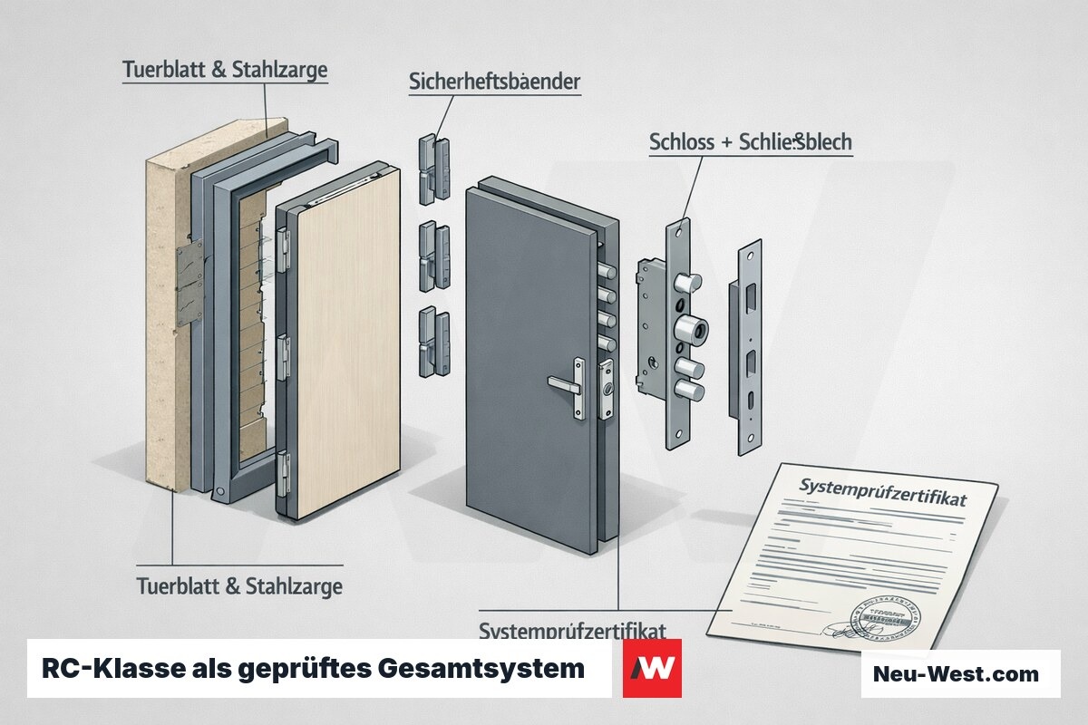 Cutaway-Grafik einer RC-geprüften Innentür: Türblatt, Stahlzarge, Sicherheitsbänder, Schloss mit Schließblech und Systemprüfzertifikat als ein zertifiziertes System.